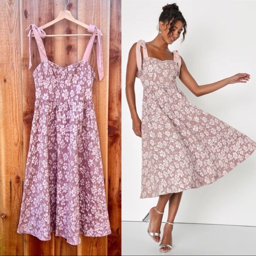 🌿 Mauve Pink Floral Jacquard Bustier Tie-Strap Midi Dress 🌿
